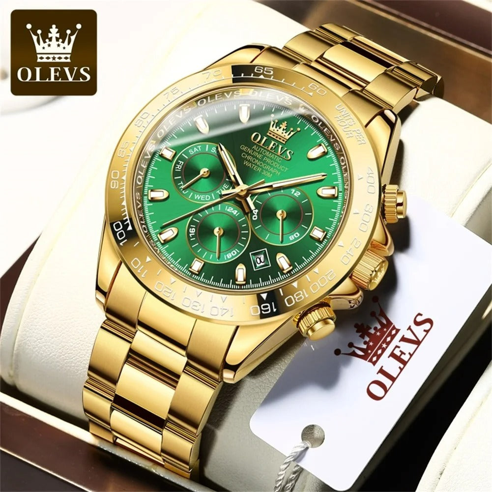 ELEGANCE 6638 Gold Stainless Steel Watches for Men Automatic Chronograph - Gold Bezel & Waterproof & Luminous & Date
