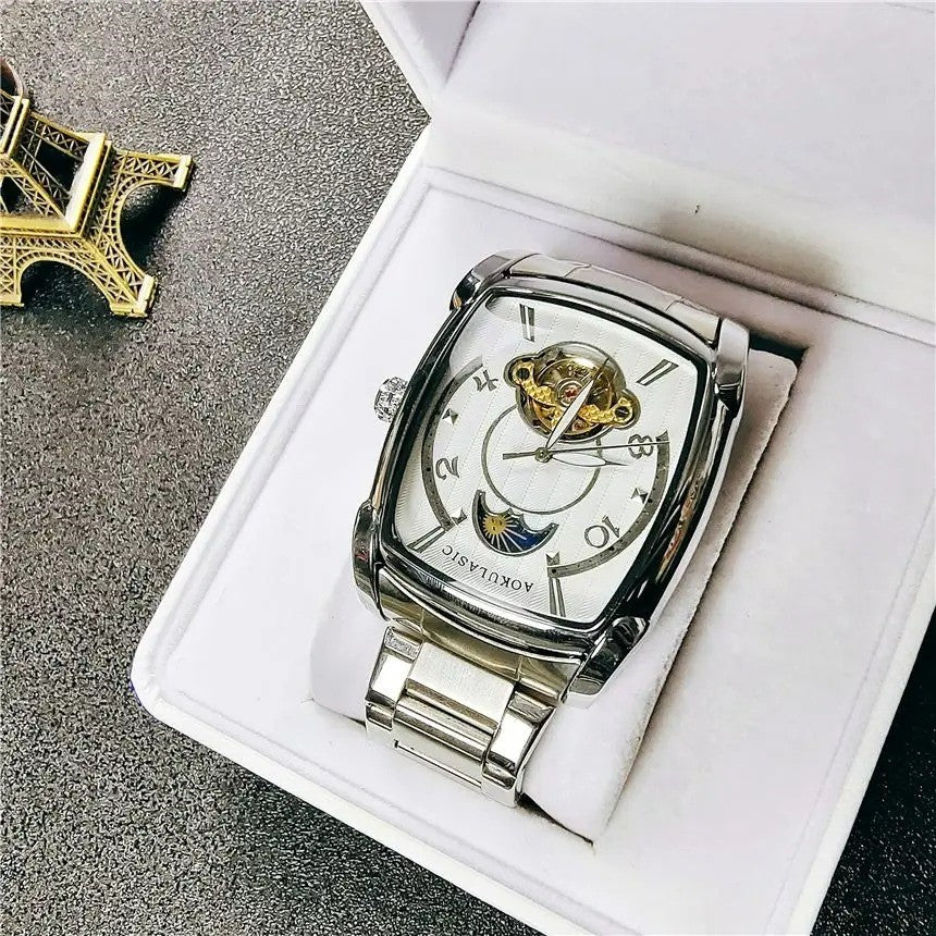 Elegance Tonneau 005 Moon Phase Automatic Watch for Men Luxury Brand Tourbillon Skeleton Mechanical Watches Leather Belt Luminous Hands Clock