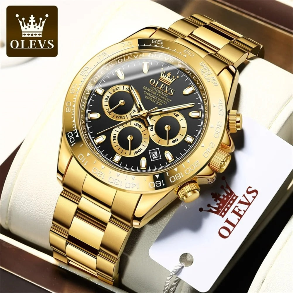 ELEGANCE 6638 Gold Stainless Steel Watches for Men Automatic Chronograph - Gold Bezel & Waterproof & Luminous & Date