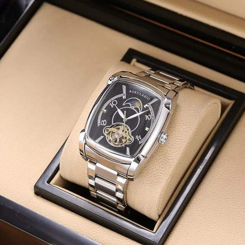 Elegance Tonneau 005 Moon Phase Automatic Watch for Men Luxury Brand Tourbillon Skeleton Mechanical Watches Leather Belt Luminous Hands Clock