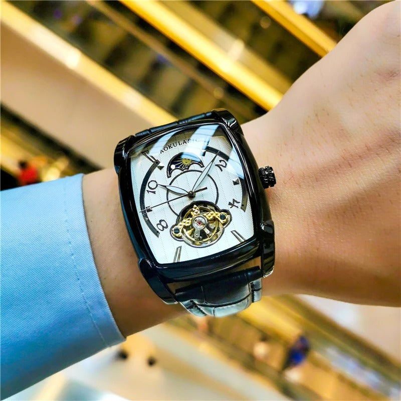 Elegance Tonneau 005 Moon Phase Automatic Watch for Men Luxury Brand Tourbillon Skeleton Mechanical Watches Leather Belt Luminous Hands Clock