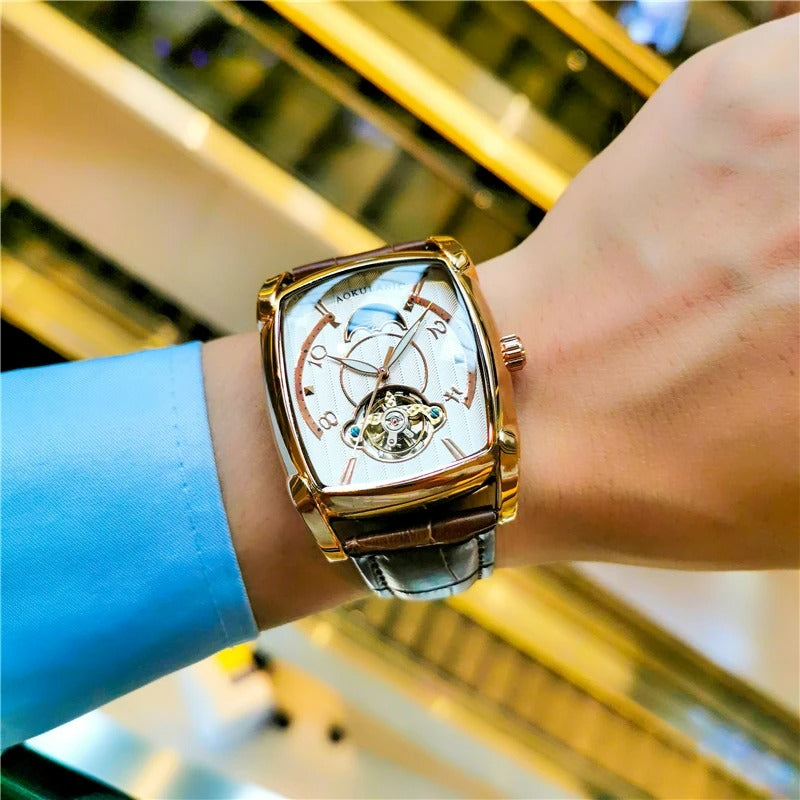 Elegance Tonneau 005 Moon Phase Automatic Watch for Men Luxury Brand Tourbillon Skeleton Mechanical Watches Leather Belt Luminous Hands Clock