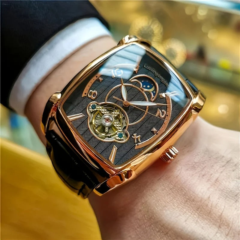 Elegance Tonneau 005 Moon Phase Automatic Watch for Men Luxury Brand Tourbillon Skeleton Mechanical Watches Leather Belt Luminous Hands Clock