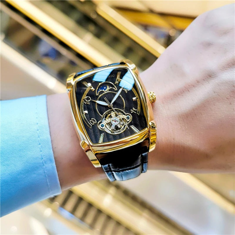 Elegance Tonneau 005 Moon Phase Automatic Watch for Men Luxury Brand Tourbillon Skeleton Mechanical Watches Leather Belt Luminous Hands Clock